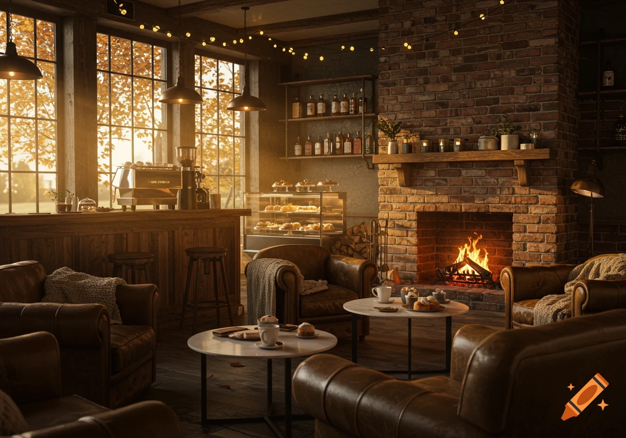 A hyper-realistic photograph of a cozy coffee shop interior with warm golden light, a brick fireplace, leather armchairs, and a bar counter.
