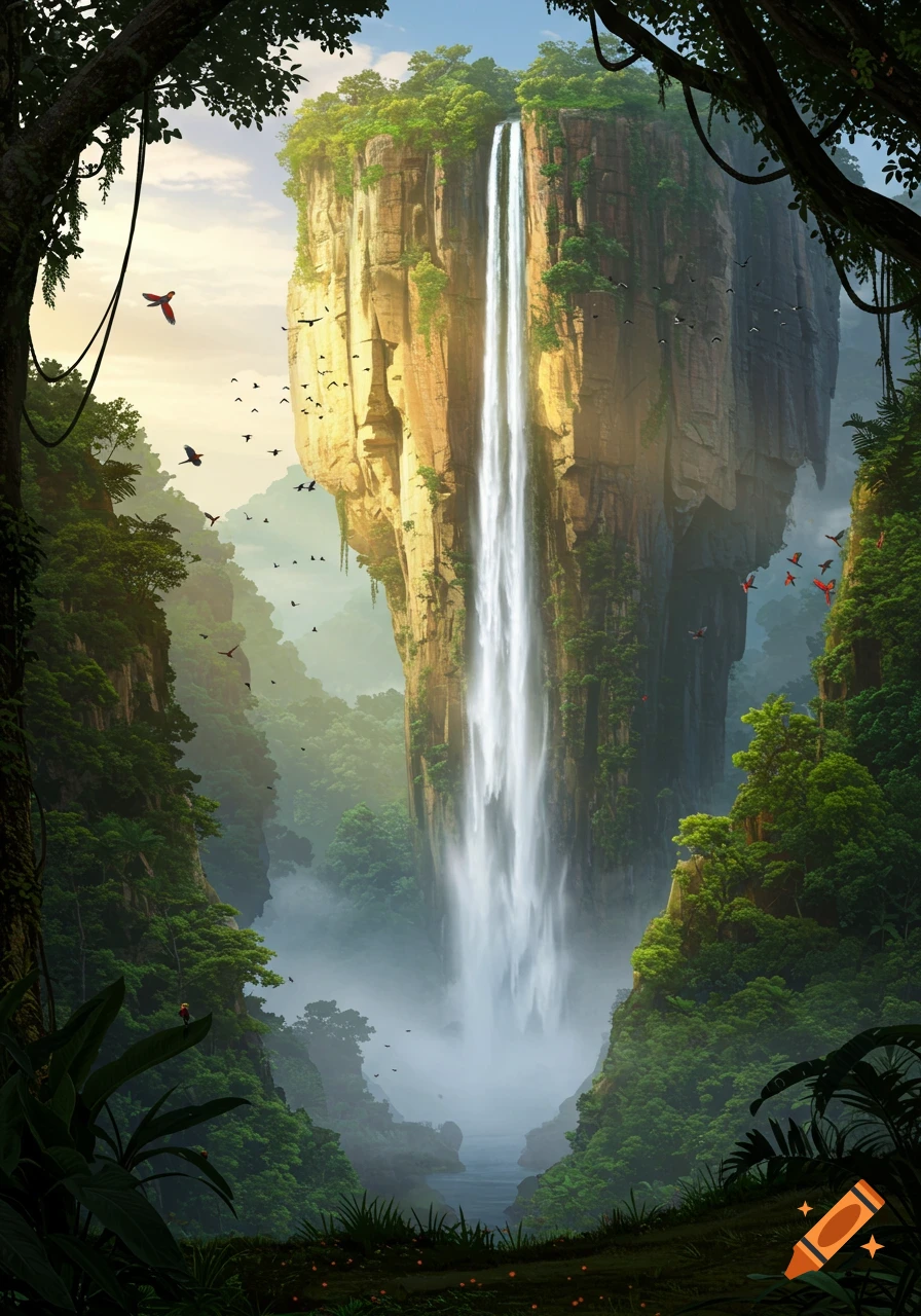 A majestic waterfall plunges from a towering, mossy plateau surrounded by a dense, misty jungle with birds flying.
