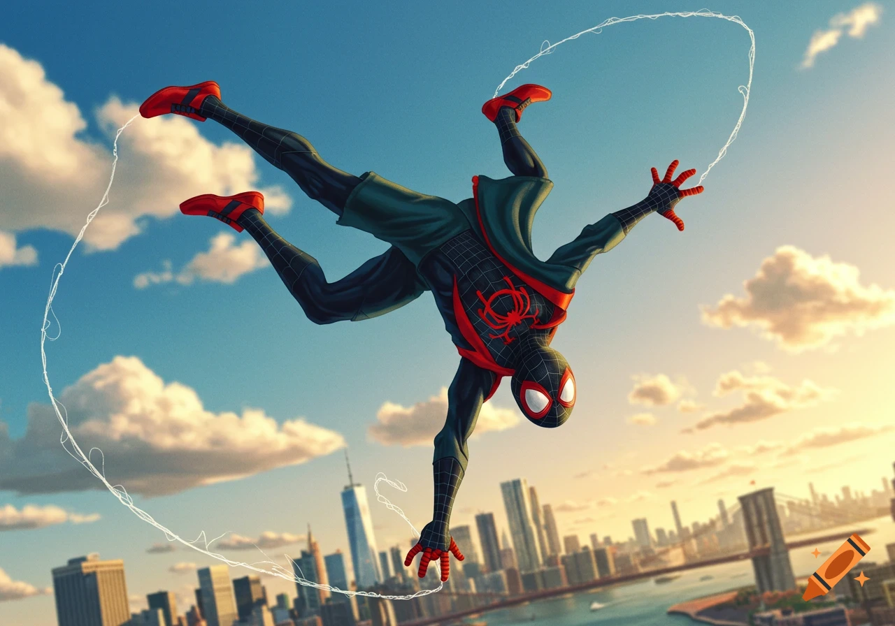 Miles Morales (Spider-Man) in black and red suit, red sneakers, and green shorts, swinging above a city skyline at sunset.