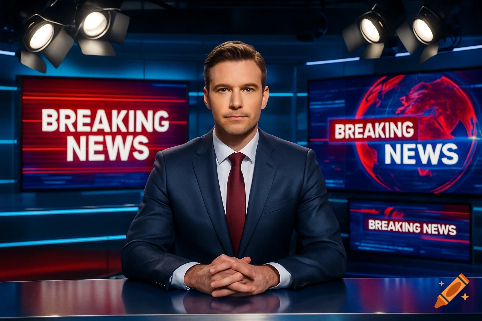 A male news anchor in a suit sits at a modern news desk, with "BREAKING NEWS" displayed on screens in the background.