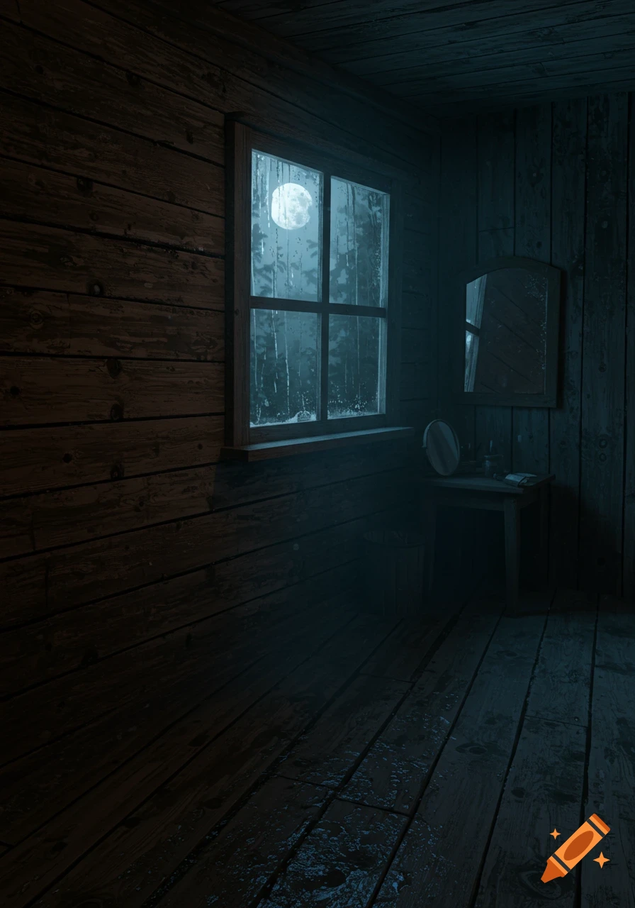Dark, moody interior of a wooden cabin at night, with moonlight shining through a rain-streaked window and a mirror on the wall.