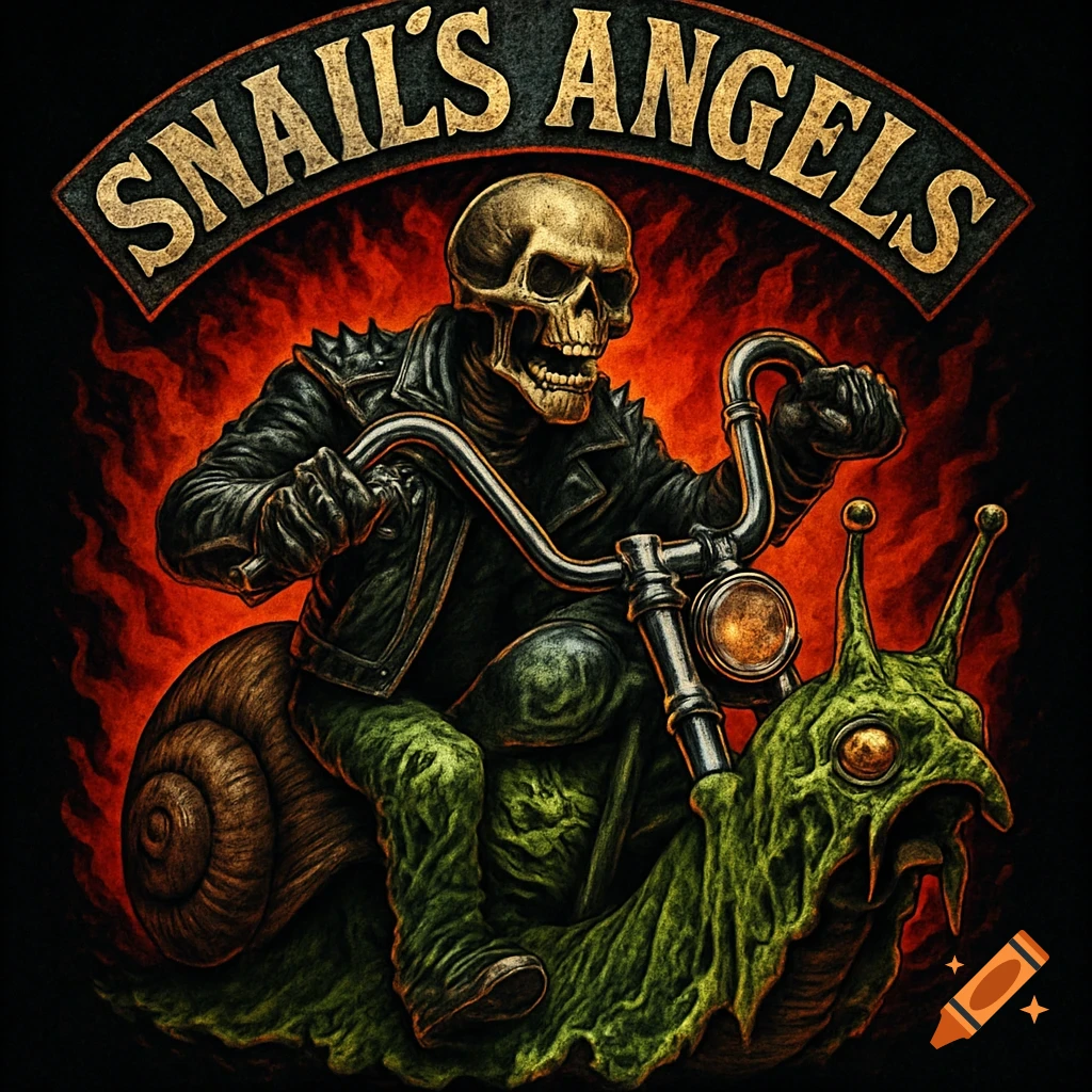 A skeleton biker riding a zombie-like snail with a banner above reading 'SNAIL'S ANGELS' against a fiery background.