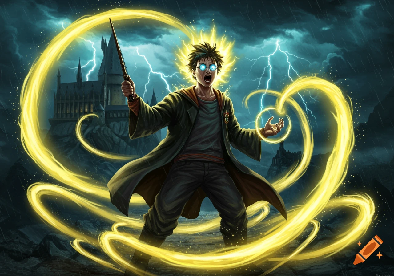 An illustration of Harry Potter with glowing eyes and hair, wielding a wand, surrounded by yellow magical energy, with Hogwarts in the stormy background.
