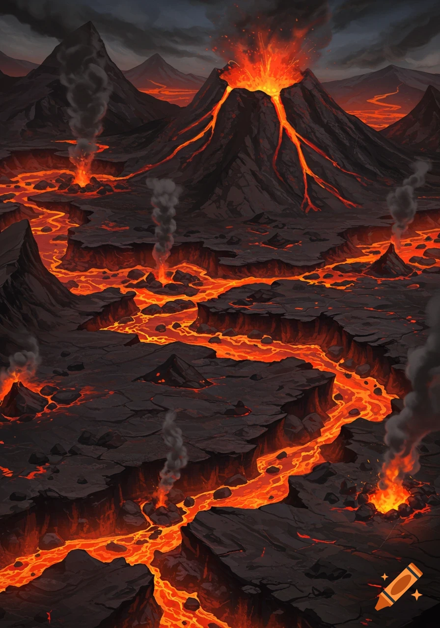 A top-down view of an erupting volcano with rivers of molten lava flowing through dark, rocky terrain, emitting smoke.