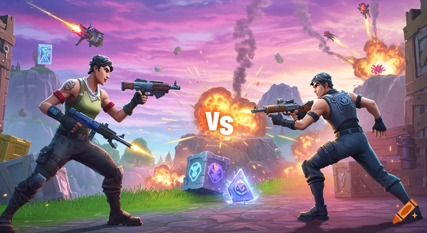 Two Fortnite characters battle amidst explosions and floating items, with 'Vs' in the center, against a vibrant sunset sky.