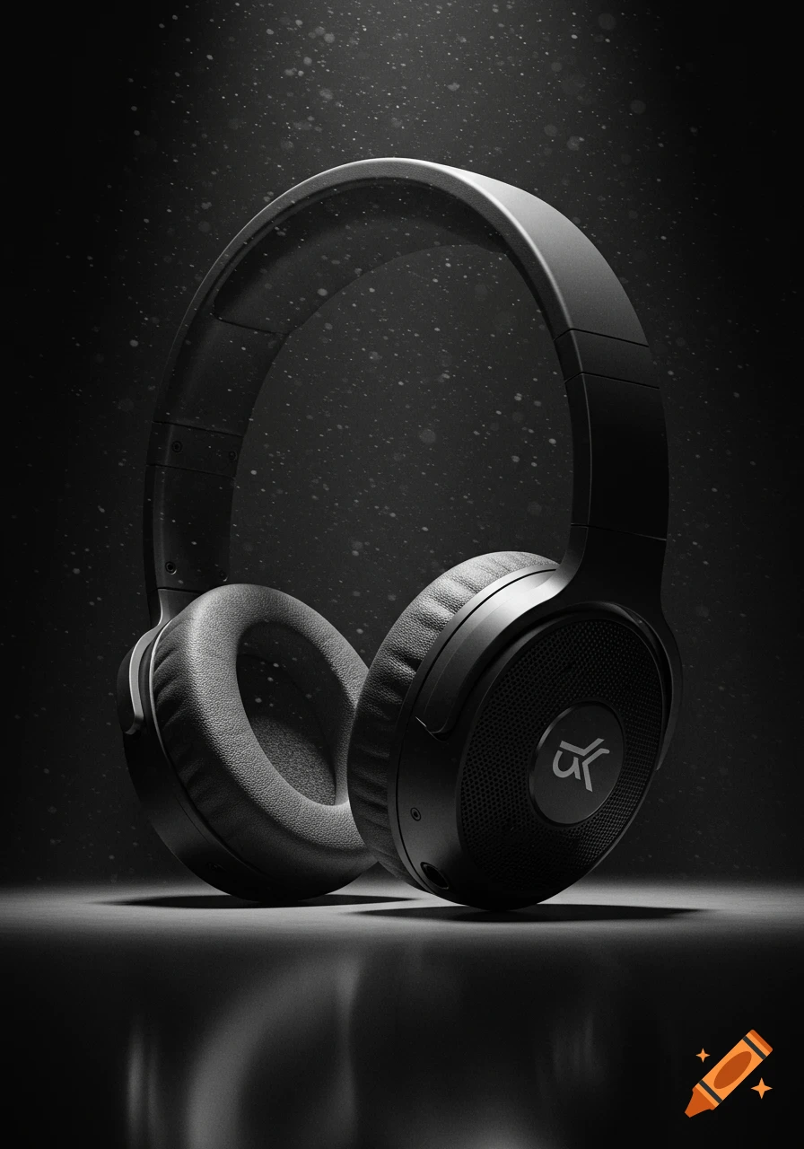 A black wireless over-ear headphone on a reflective surface against a dark, speckled background.
