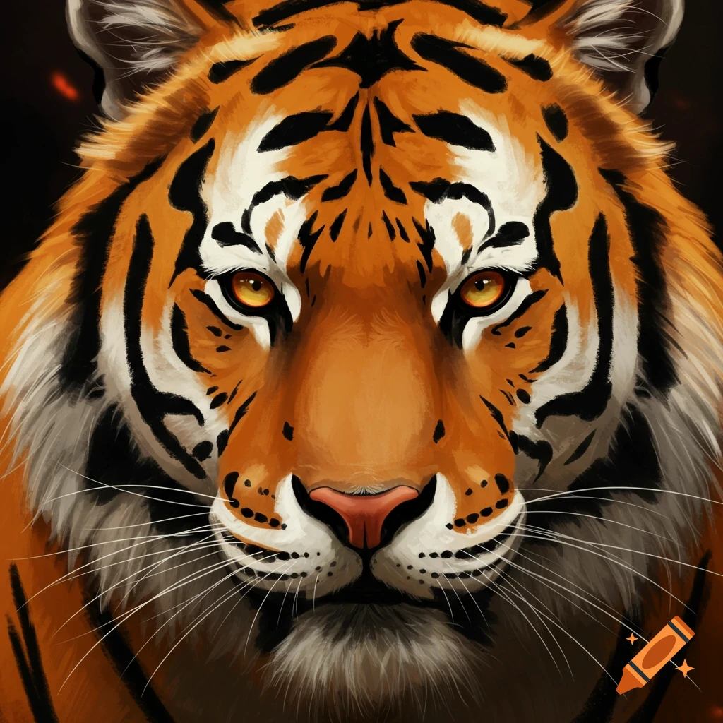 Detailed close-up of a tiger's face with bright orange fur, black stripes, and piercing yellow eyes.