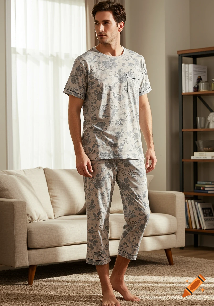 A man in a patterned short-sleeved pajama set stands barefoot in a living room next to a sofa and bookshelf.
