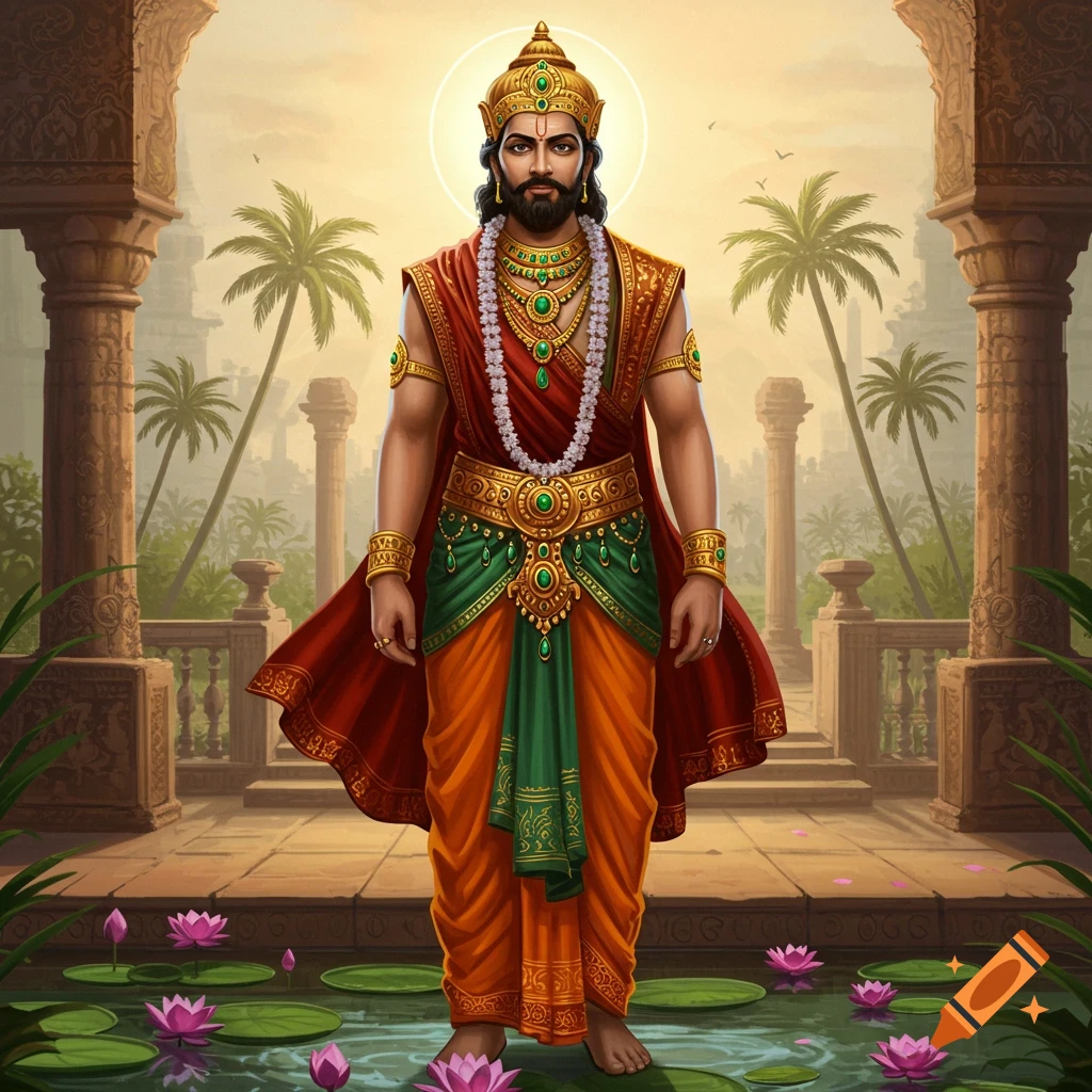 A regal Indian king or deity, adorned in gold and jewels, stands barefoot in an ancient temple courtyard with lotus flowers.