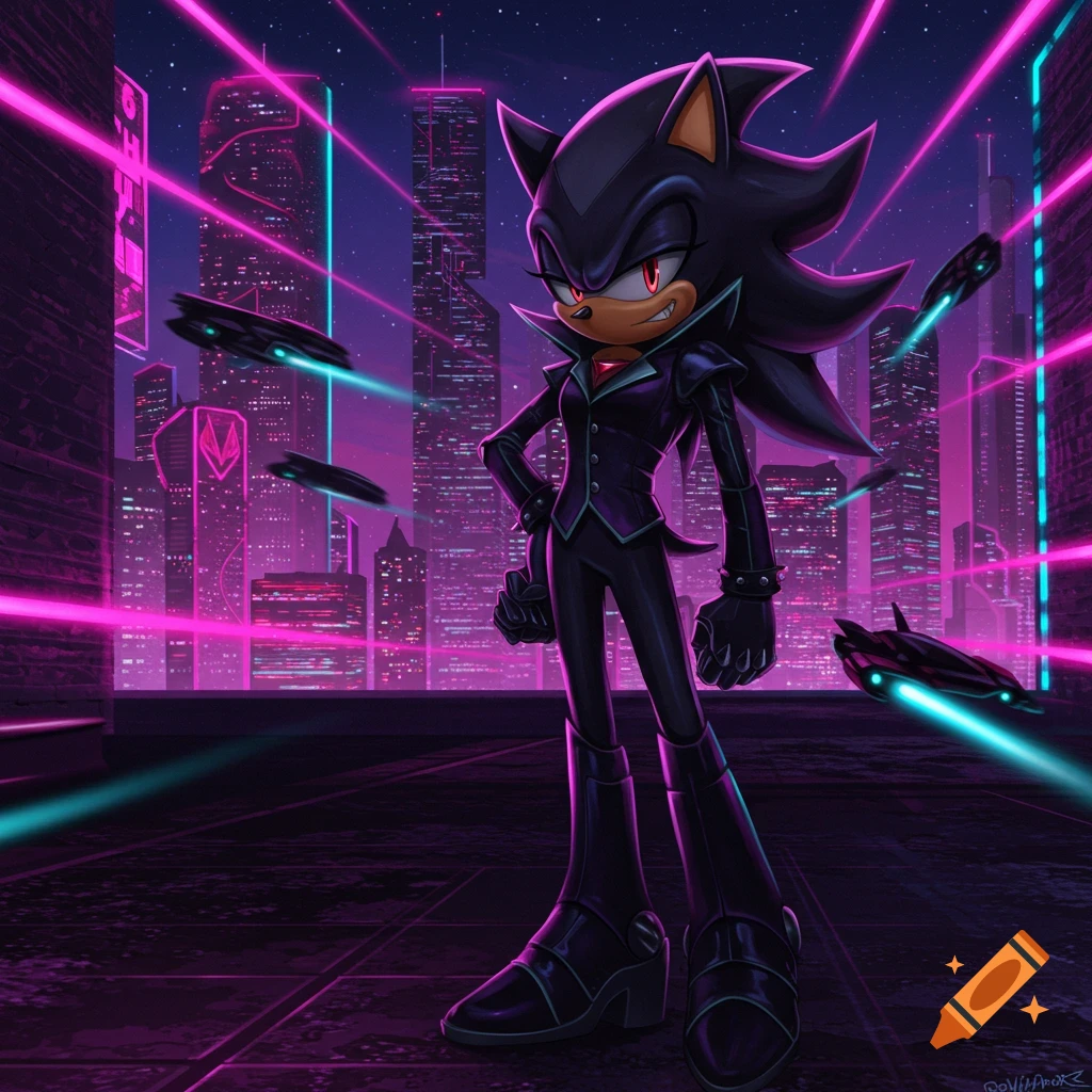 A confident black hedgehog in a dark suit stands on a neon-lit cyberpunk city rooftop at night, with flying vehicles.