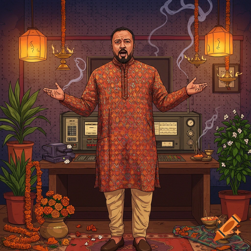 Illustrative portrait of an Indian man in a colorful kurta, arms outstretched, in a room with festive lamps, marigold garlands, and vintage electronics.