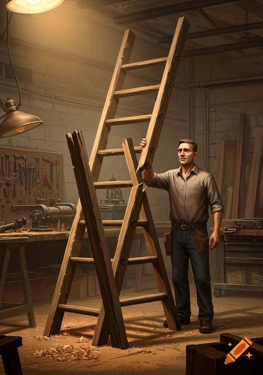 A man in a workshop holds a broken wooden ladder, surrounded by tools and wood shavings, under warm lighting.