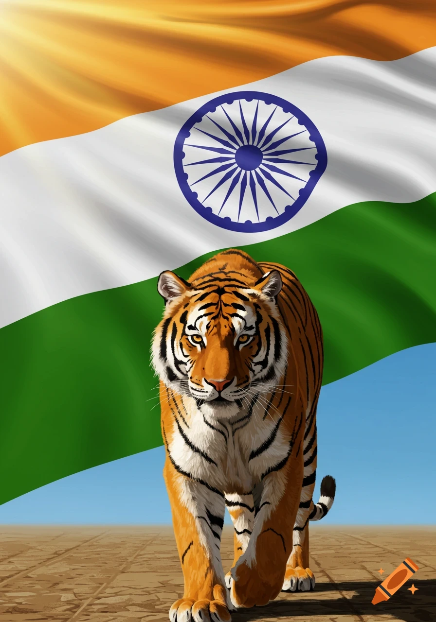 A Bengal tiger walks in front of a waving Indian flag under a bright sun in a stylized illustration.