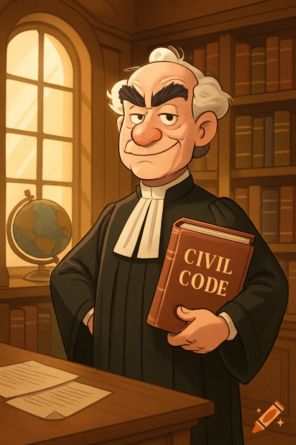 Cartoon lawyer in a black robe and white cravat, holding a brown book titled 'CIVIL CODE' in a library.