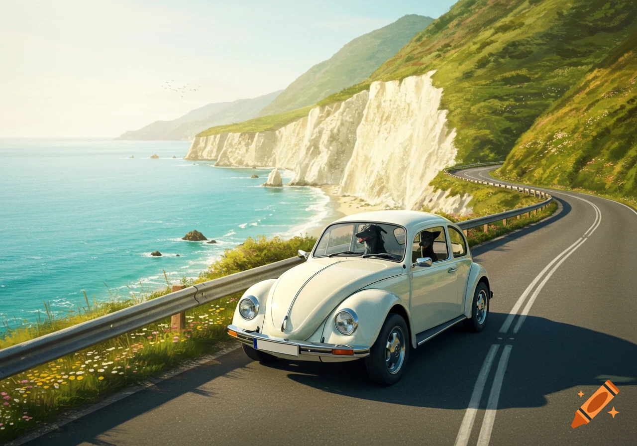 Two black dogs in a white VW Beetle drive on a scenic coastal road overlooking blue ocean and white cliffs.