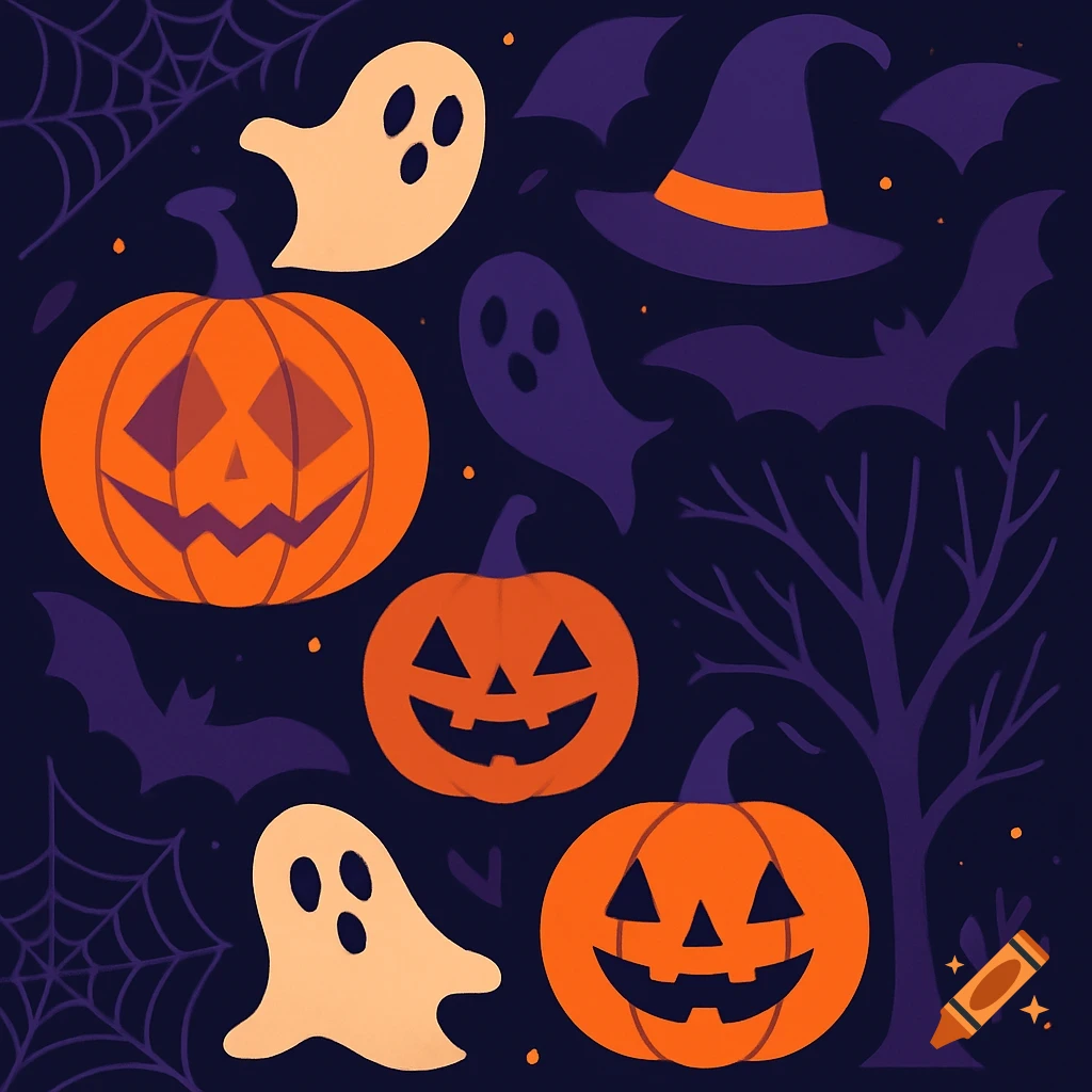 Vector art Halloween illustration with orange jack-o'-lanterns, ghosts, bats, a witch hat, and spiderwebs on a dark background.
