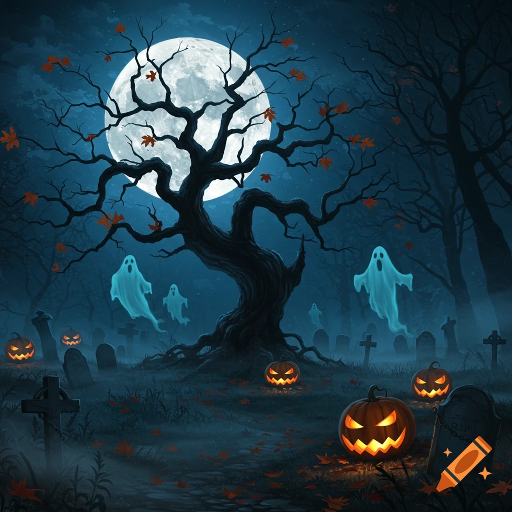 A spooky Halloween graveyard scene with jack-o'-lanterns, glowing ghosts, a gnarled tree, and tombstones under a full moon.