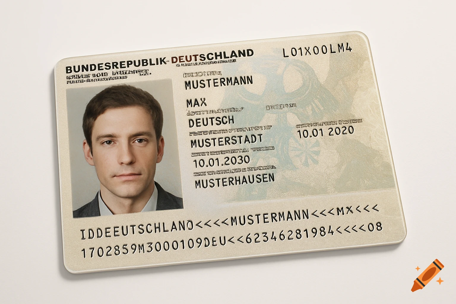 A photorealistic German ID card with a man's photo, dates, and text on a white background.