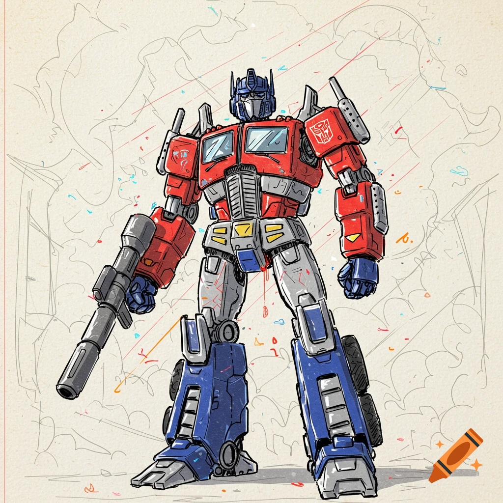A colorful, sketchy drawing of Optimus Prime from Transformers, standing  with a blaster, on a doodle-filled background. on Craiyon, image size:1024x1024