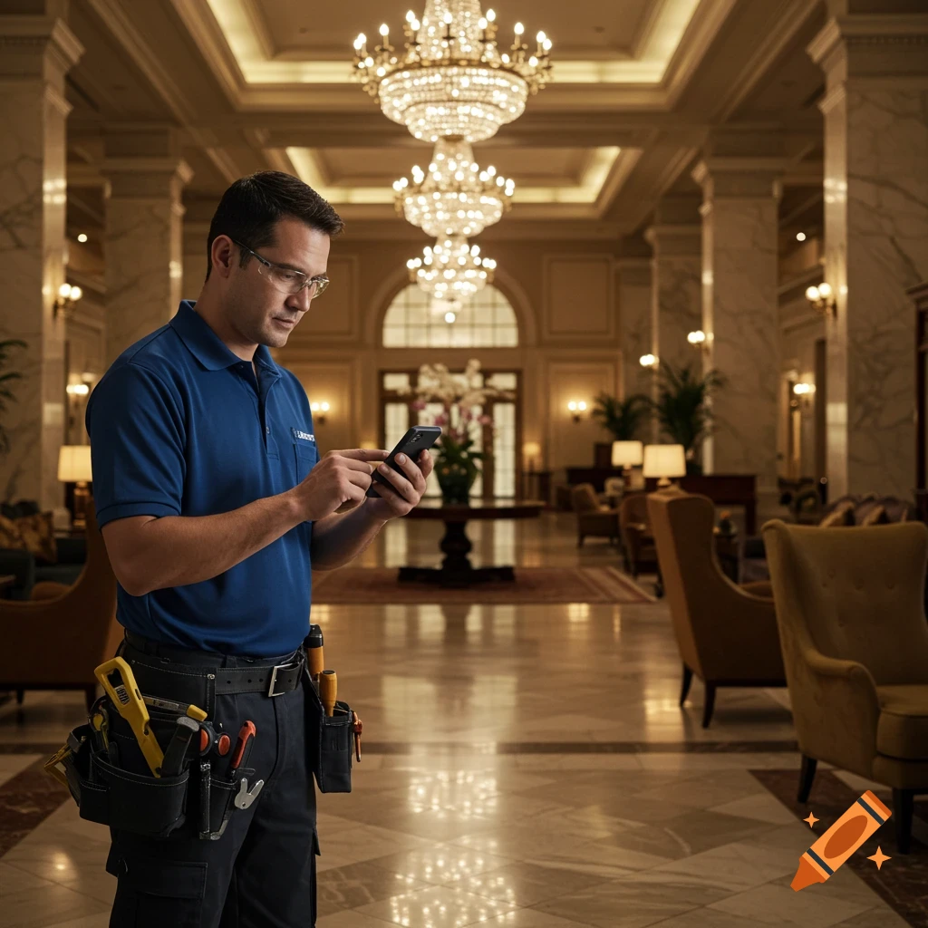 A maintenance technician in a blue polo shirt and tool belt looks at his phone in a grand hotel lobby.