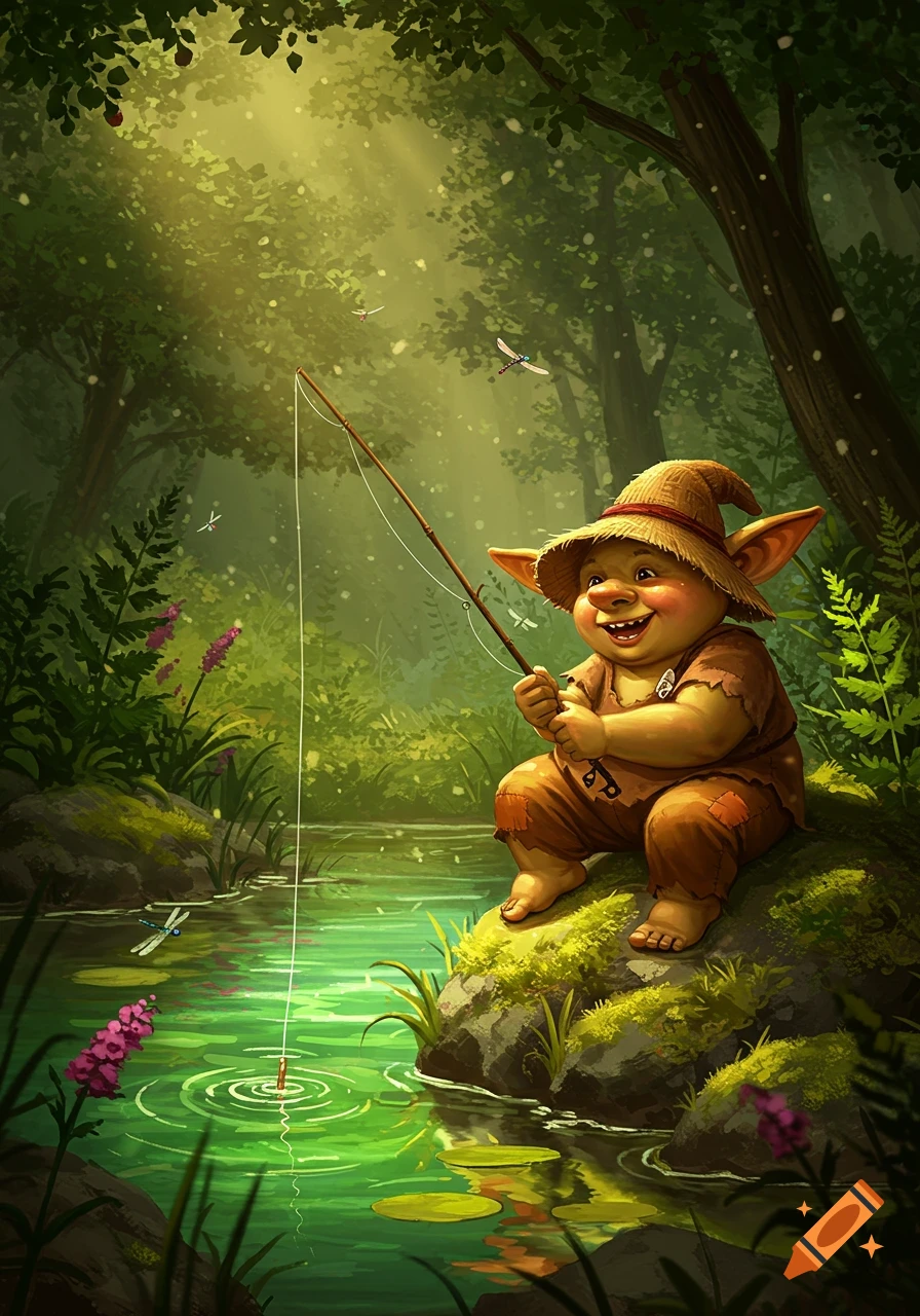 A happy cartoon goblin with a straw hat sits on a mossy rock fishing in a vibrant green forest stream.