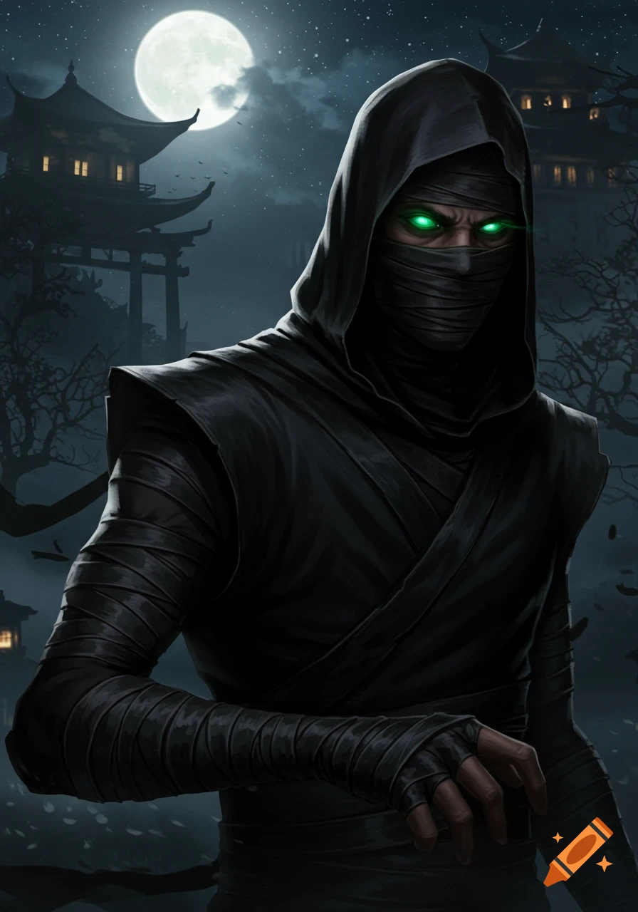 A digital painting of a dark, hooded ninja-like figure with glowing green eyes and bandaged face, against a moonlit East Asian temple backdrop.
