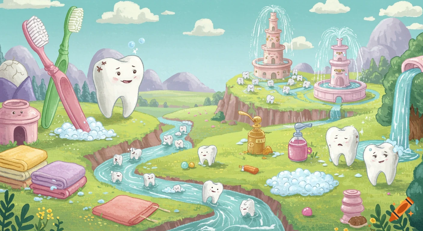 A whimsical children's illustration of a world with smiling teeth characters, giant toothbrushes, soap rivers, and pastel landscapes.