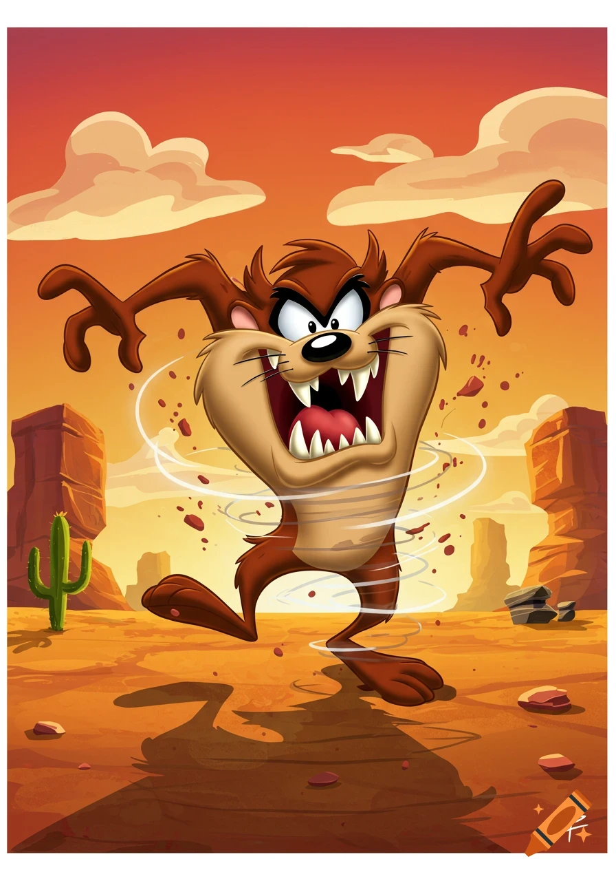 Cartoon Tazmanian Devil spinning in a red desert with rocks and a cactus under an orange sky.