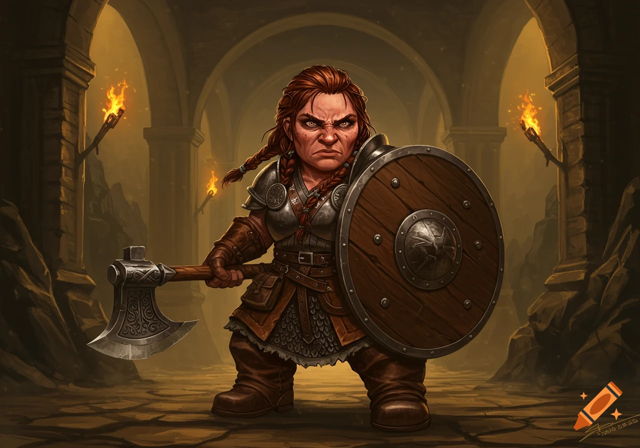 A fierce female dwarf warrior with braided red hair, wearing armor, holds a large axe and a wooden shield in a torch-lit dungeon.