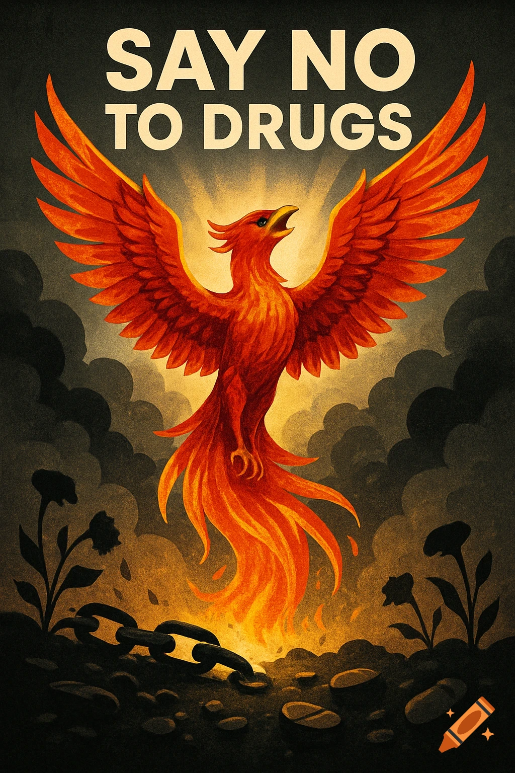 Vintage-style anti-drug poster with a fiery phoenix rising from broken chains and pills, against a dark, cloudy background.