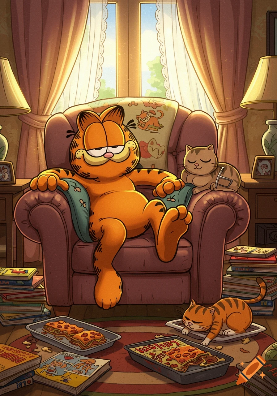 Cartoon Garfield lounging in an armchair with lasagna and books, two other cats nearby, in a cozy living room.