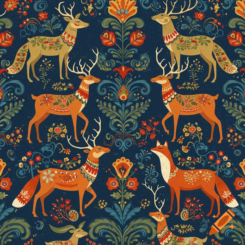 A seamless pattern of stylized deer and foxes with floral motifs in a Scandinavian folk art style on a dark blue background.
