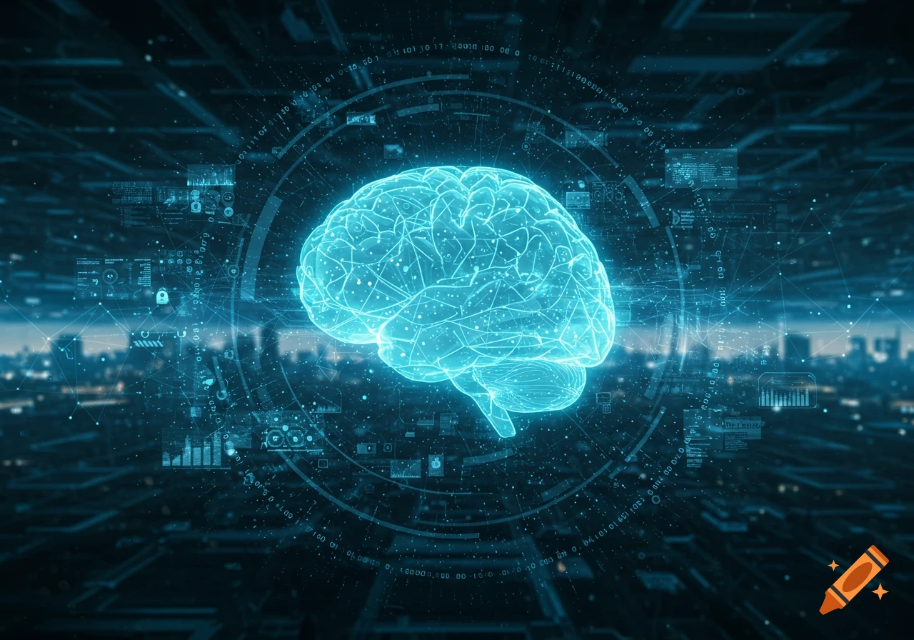 A glowing blue brain with interconnected digital data lines, set against a blurred futuristic cityscape.