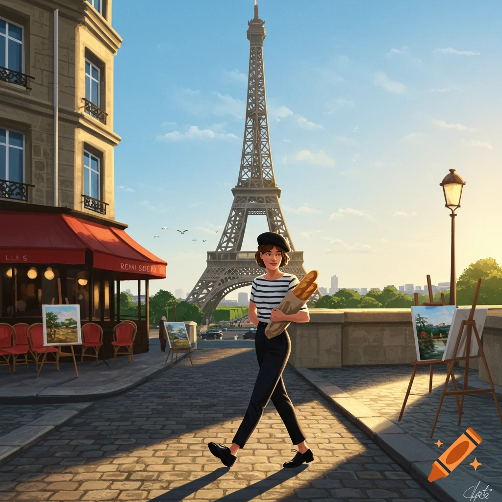 A stylized illustration of a woman in a beret and striped shirt walking in Paris with a baguette, the Eiffel Tower in the background.