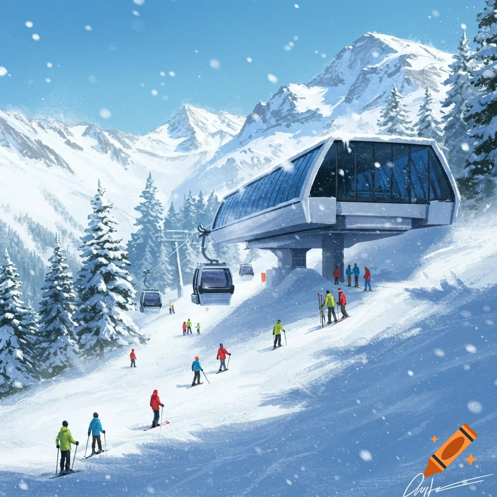 Illustrated winter mountain scene with skiers, a gondola lift station, and cabins on a snowy slope under a blue sky.