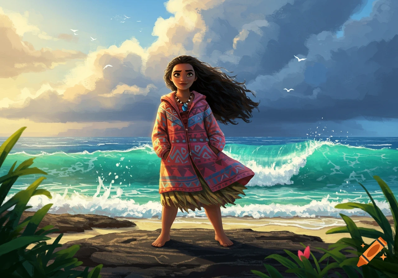 Animated character Moana on a rocky beach, wearing a patterned coat, with ocean waves under a dramatic sky.