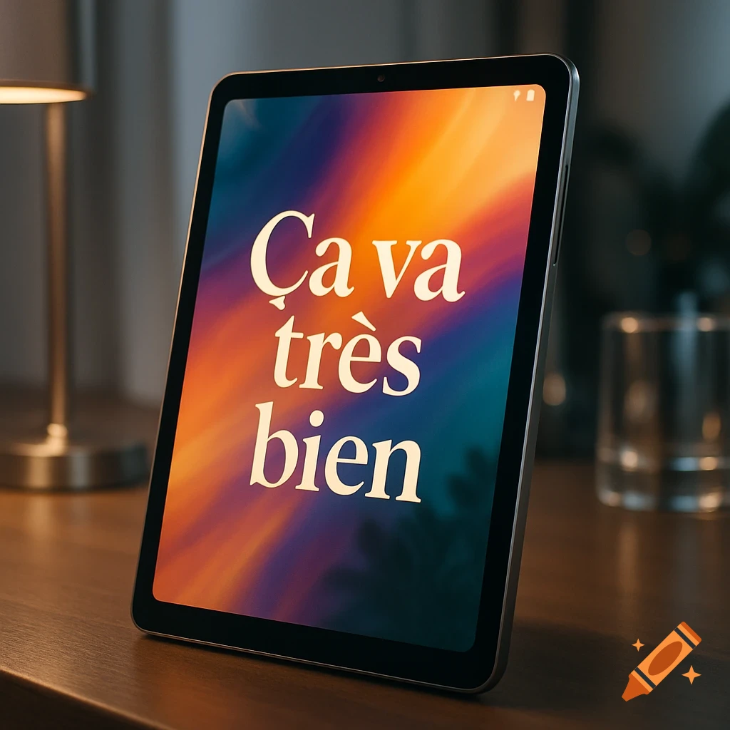 A tablet stands on a wooden desk, displaying "Ça va très bien" in white font on a colorful, abstract background. A lamp and glass are blurred in the background.