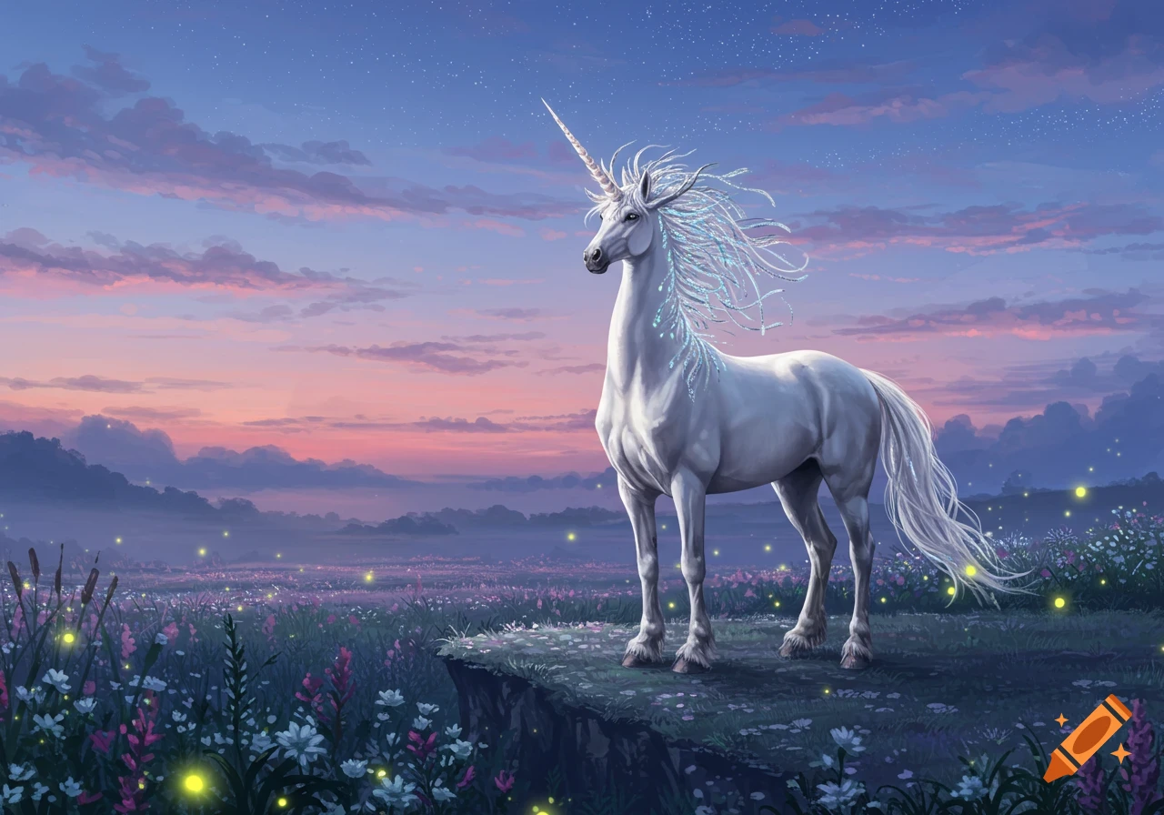 A majestic white unicorn with a sparkling mane stands on a cliff overlooking a magical, flower-filled meadow at sunset.