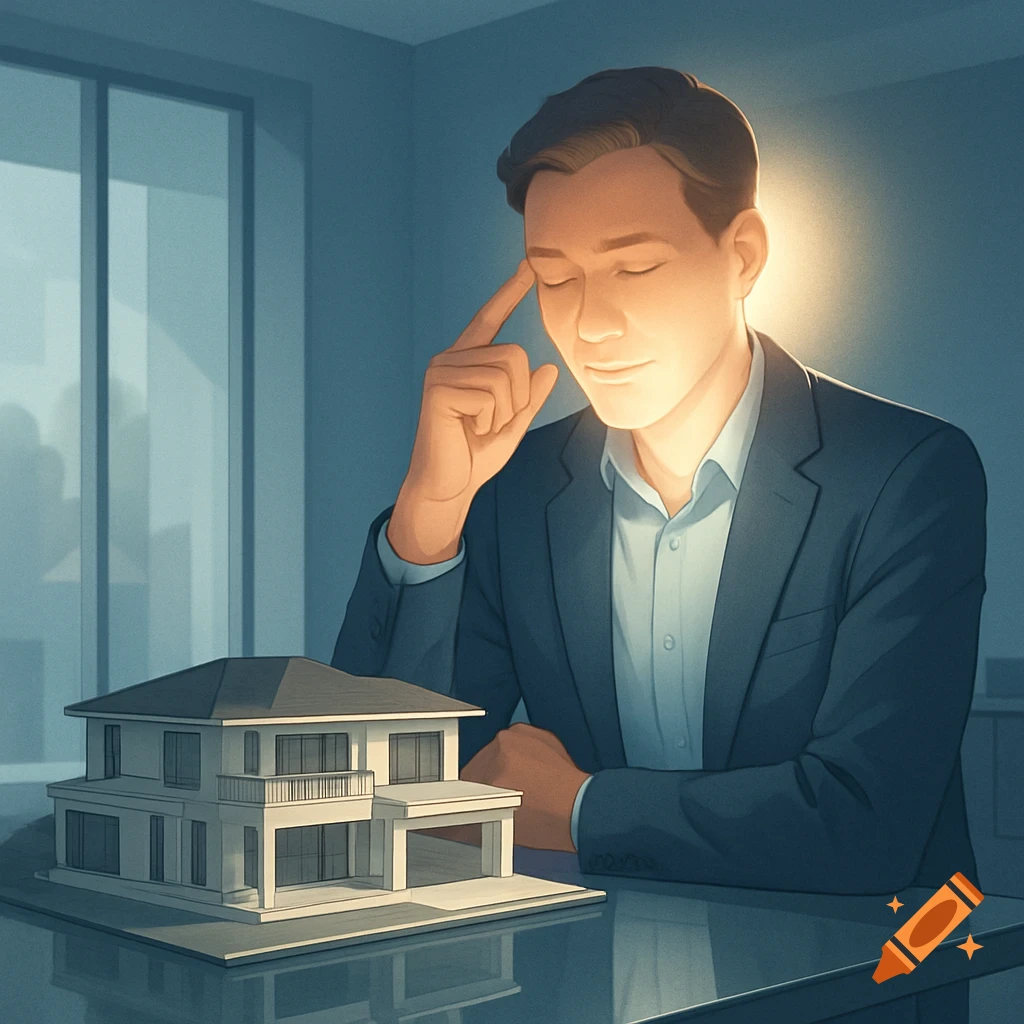 An illustrated man in a suit thinks deeply with a finger to his temple, a bright light around his head, next to a white house model on a table.
