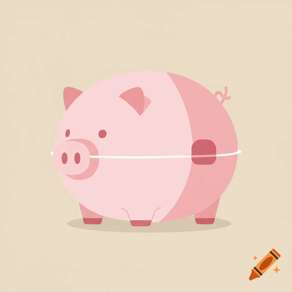 A minimalist illustration of a pink, round pig with a white line and a dark square on its body against a tan background.