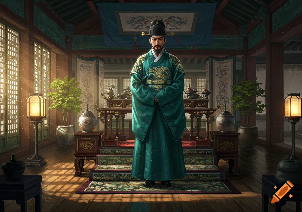 A solemn Joseon king in a turquoise robe stands in a richly decorated traditional Korean palace room.