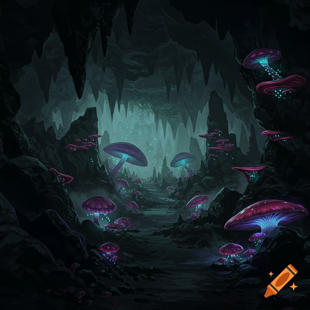 A dark fantasy cave with glowing purple and red mushrooms and blue-green light emanating from the background.
