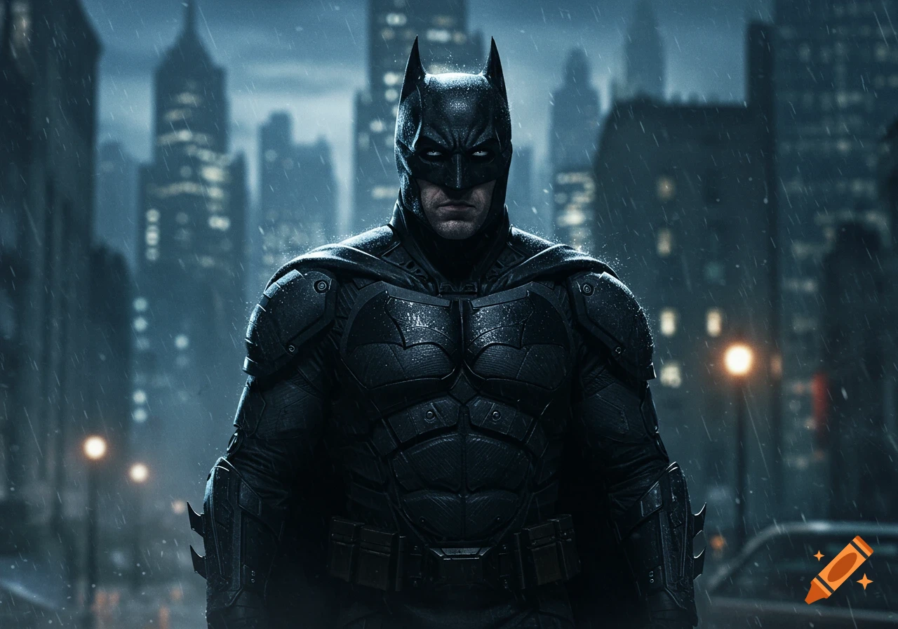 Photorealistic image of Batman standing in the rain in a dark city at night.