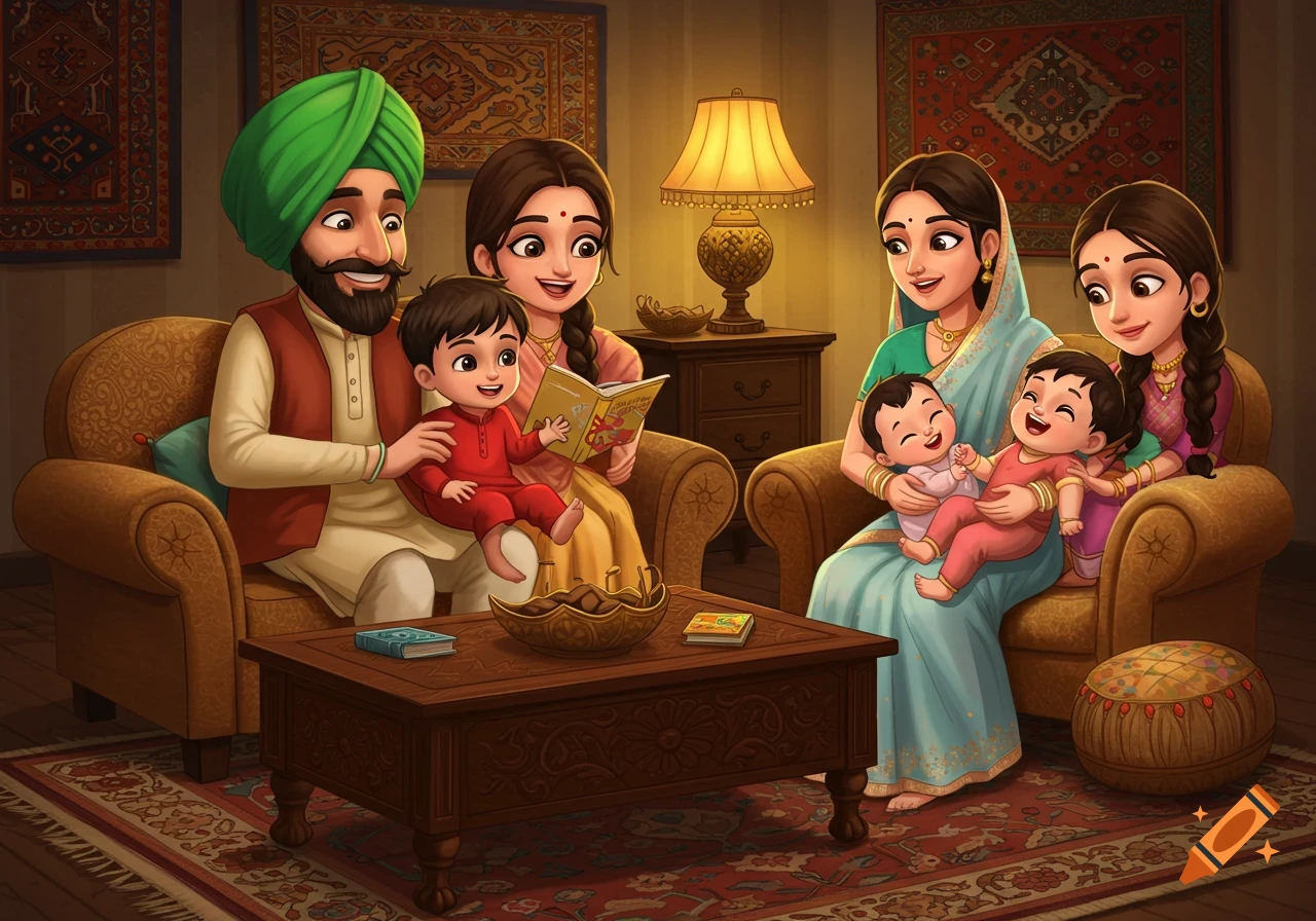 Cartoon Punjabi family of five in a cozy living room, a man and two women with three young children.