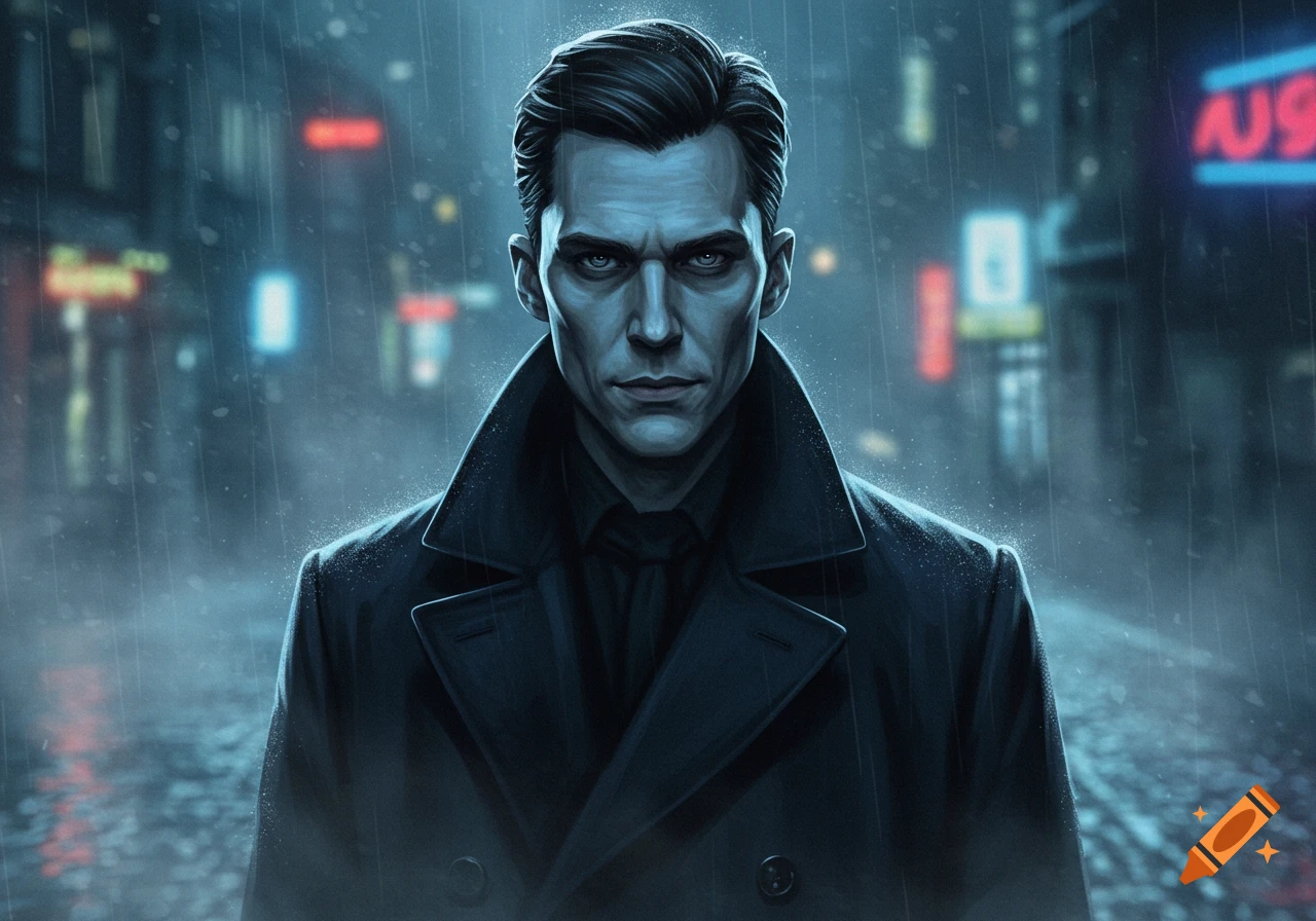 A stylized, dark portrait of a serious man in a black trench coat, standing in a rainy cyberpunk city at night with neon lights.