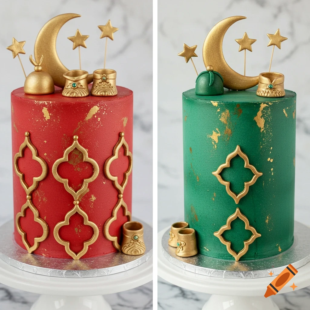 Two elegant Moroccan Tahara cakes, red and green, decorated with gold crescent moons, stars, baby shoes, hats, and geometric patterns.