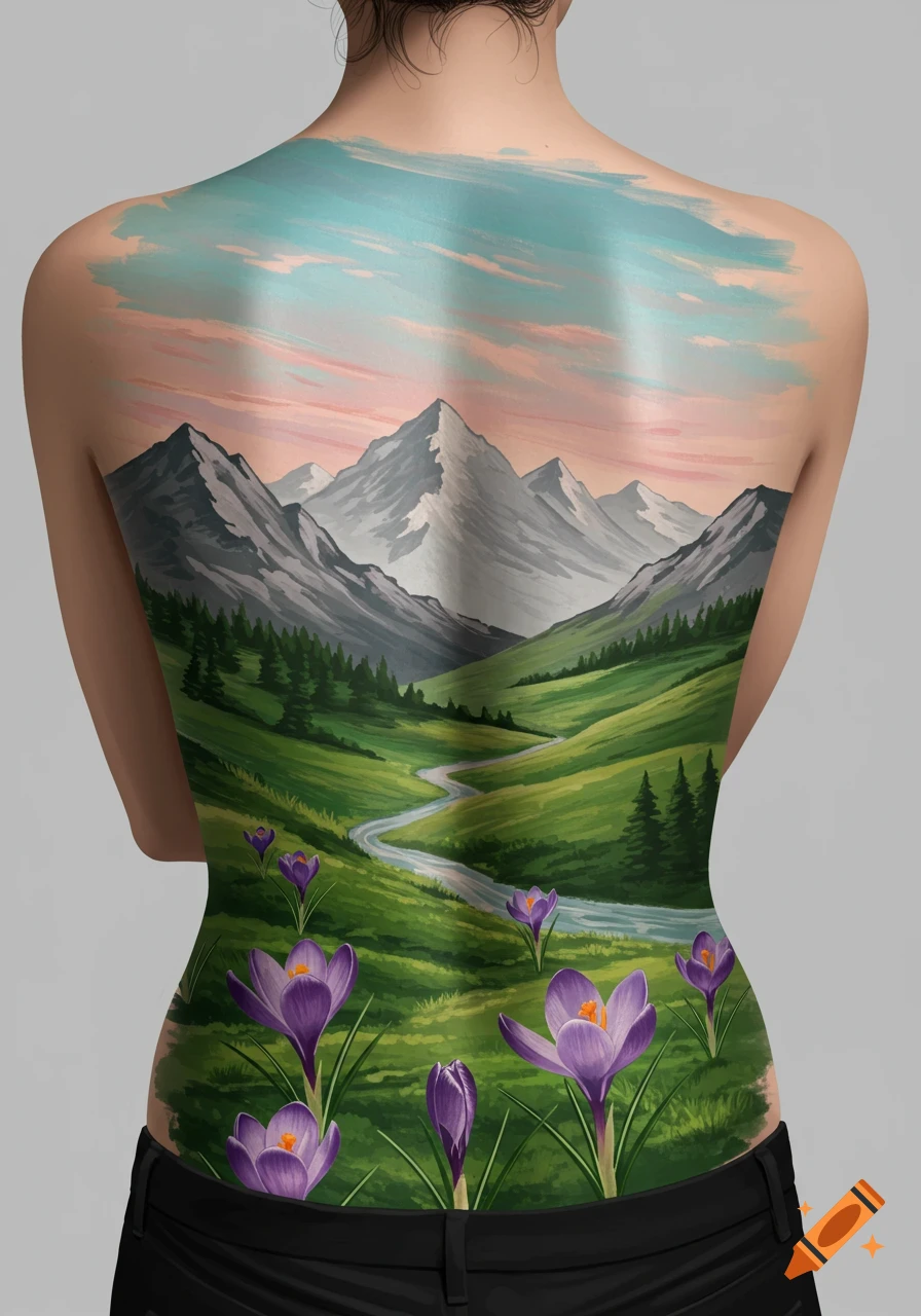 A watercolor-style landscape painting featuring mountains, green valleys, a river, and purple crocuses covers a person's bare back.