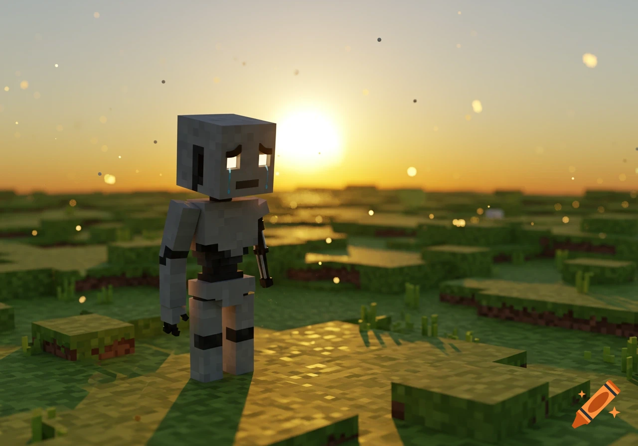 A sad, blocky robot with glowing eyes and tears stands in a Minecraft-style grassy field at sunset.
