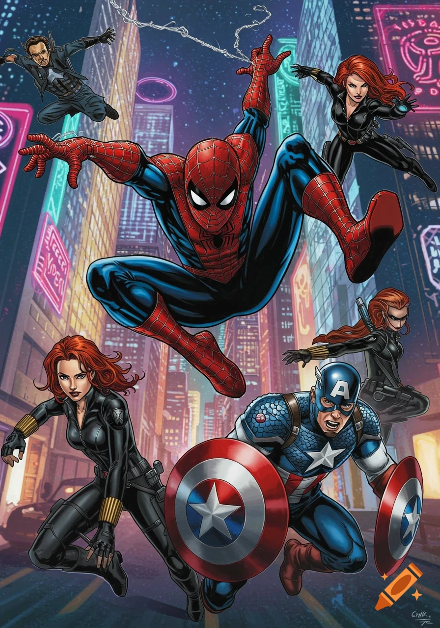 Spider-Man, Captain America, and Black Widow with other heroes leaping in a dynamic comic book style against a neon city backdrop.