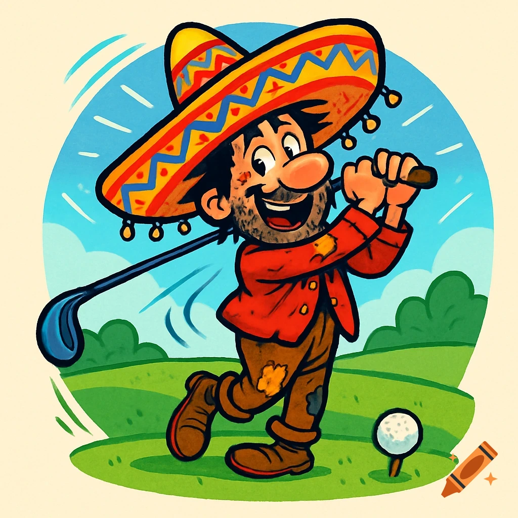 A cartoon hobo wearing a sombrero swings a golf club on a green course under a blue sky.